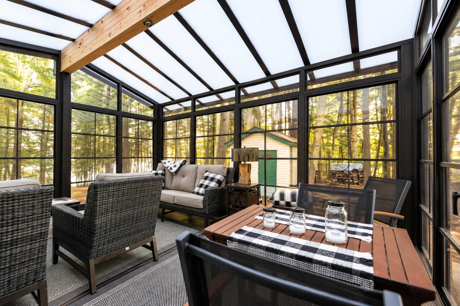 A glass-walled sunroom with a peaked translucent roof, dark framing, wicker seating, and a dining table overlooking a wooded yard.