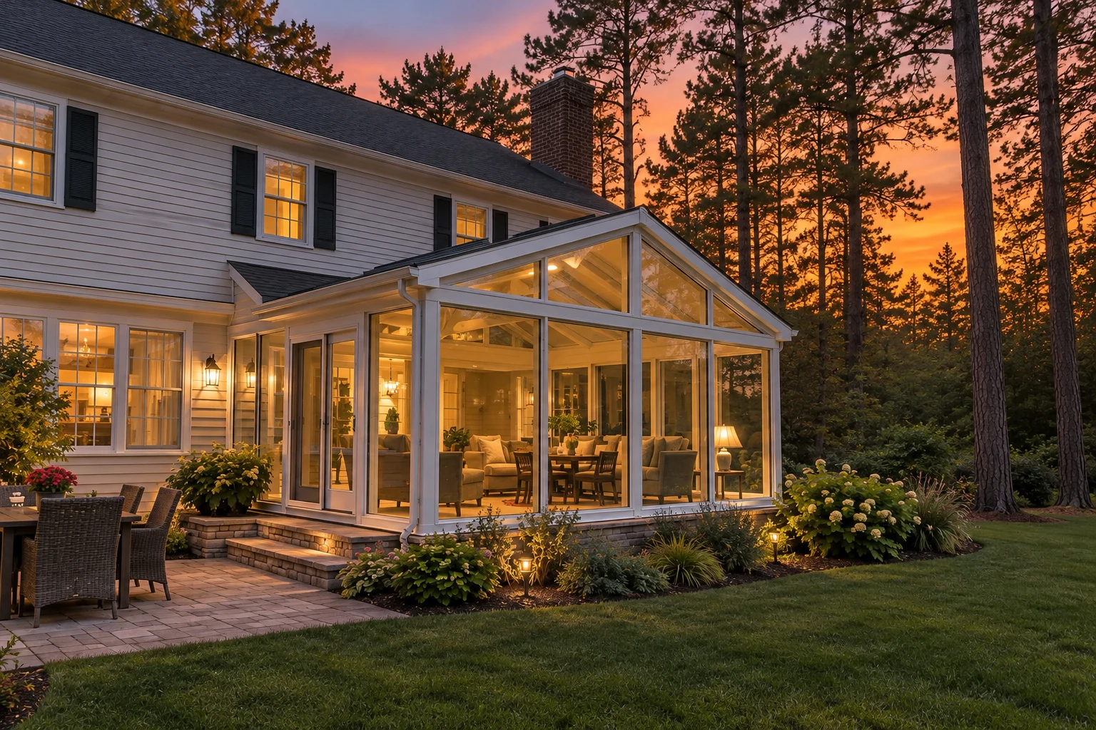 A glass-walled custom sunroom glows at sunset beside a house, with a peaked roof and woodland beyond.