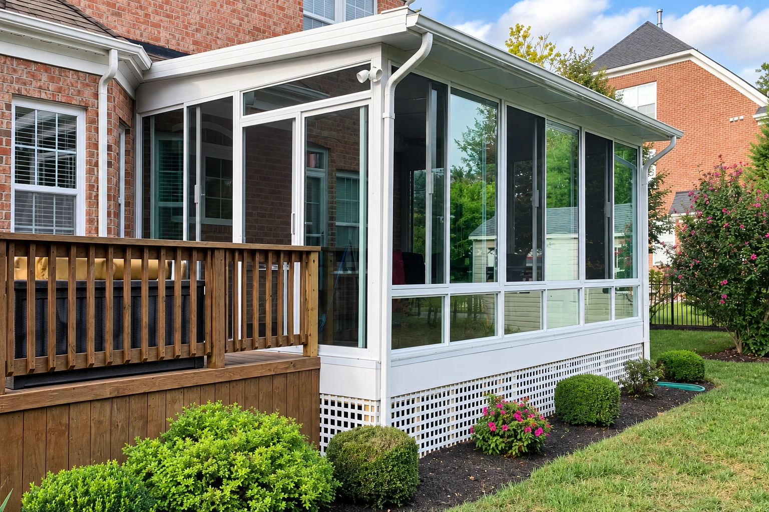 White-framed glass sunroom addition extending from a brick house beside a wooden deck and landscaped garden.