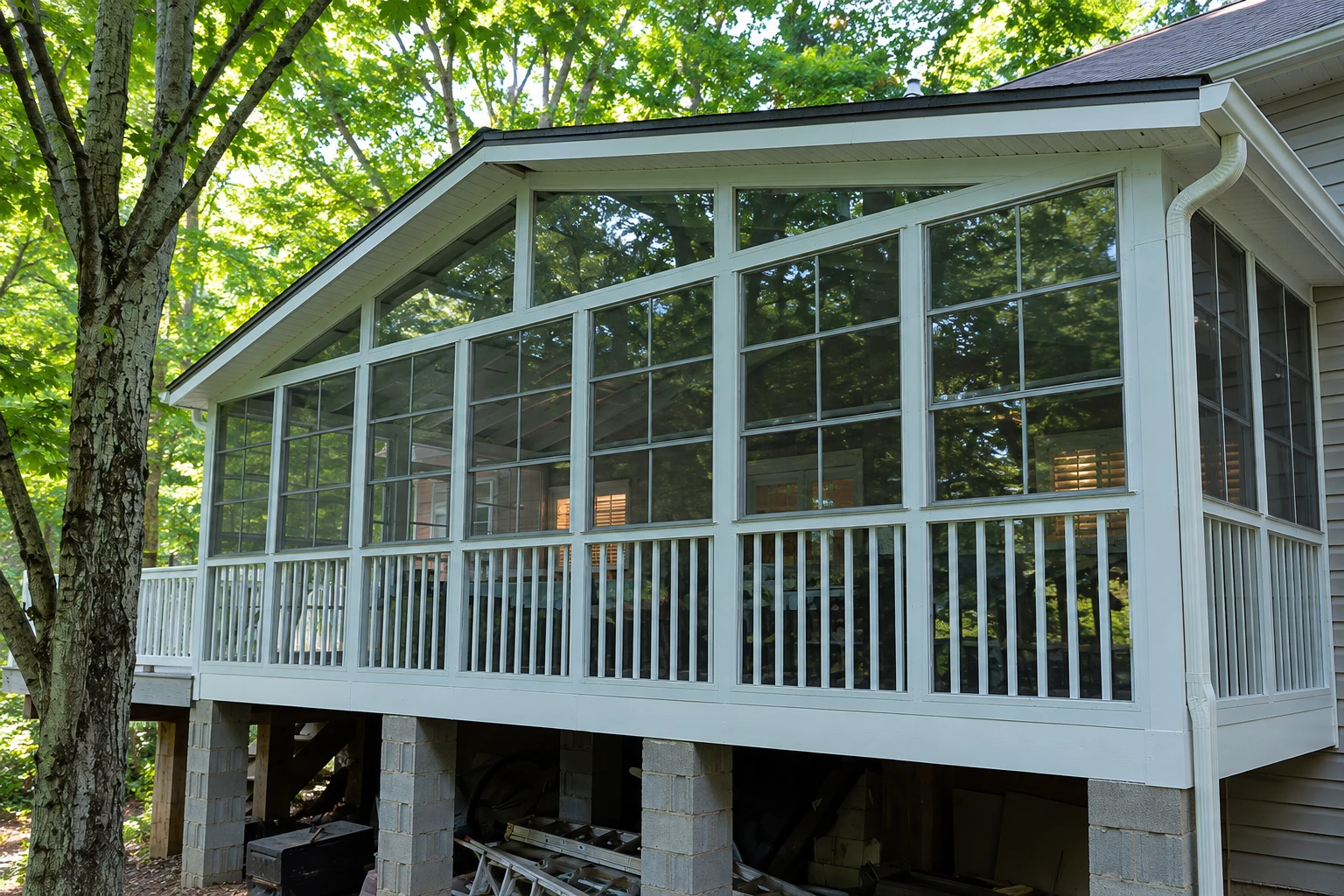 Raised deck converted to a white-framed sunroom with large windows and lower screened panels, beneath a peaked roof.