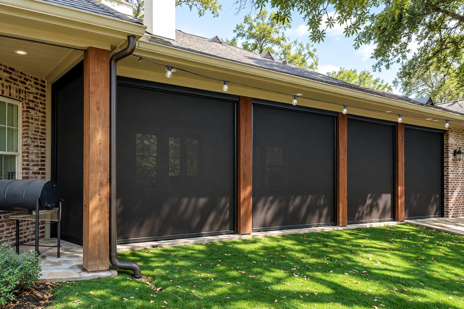 A covered patio with four dark retractable screens between wooden posts, beside a brick house and green lawn.
