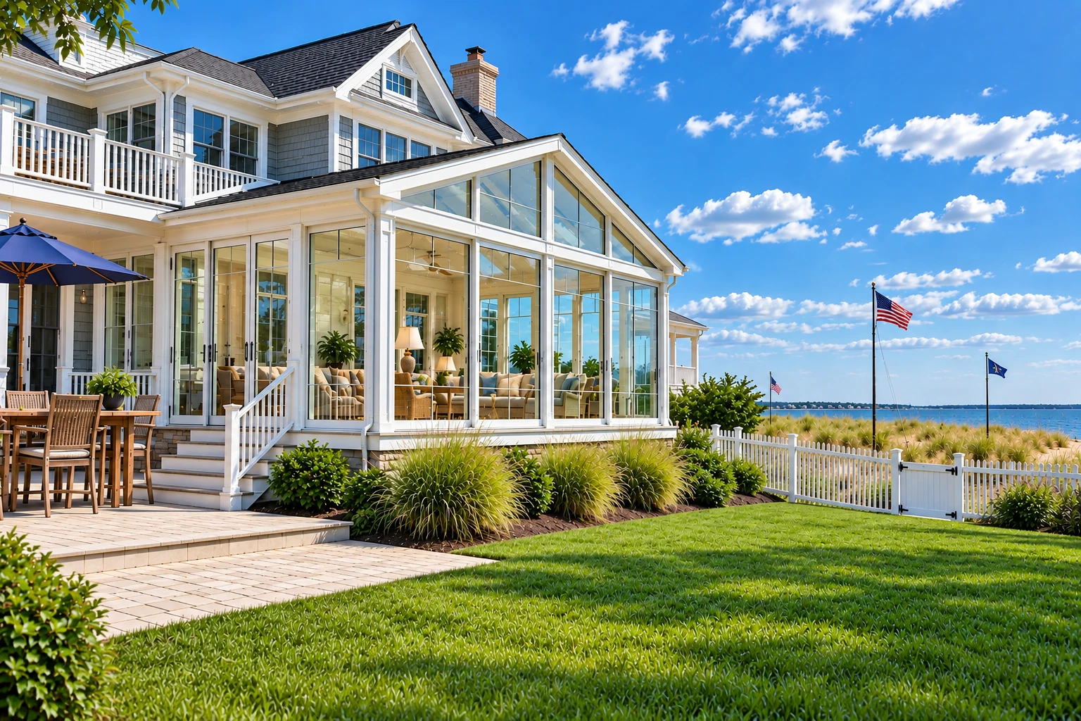 A bright four-season sunroom with large windows extends from a coastal-style house beside a lawn and water.