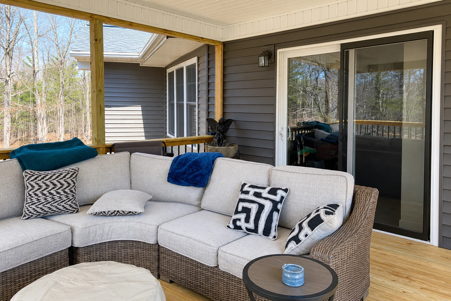 A covered patio with a large wicker sectional and cushions beside a sliding glass door, supported by wooden posts.