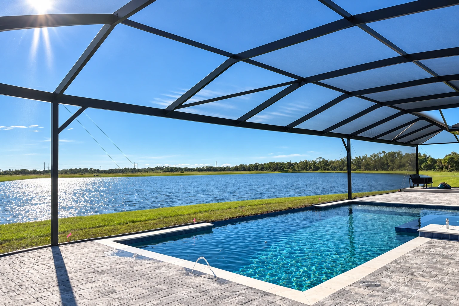 A black-framed patio enclosure with a clear roof surrounds a swimming pool beside a lake.