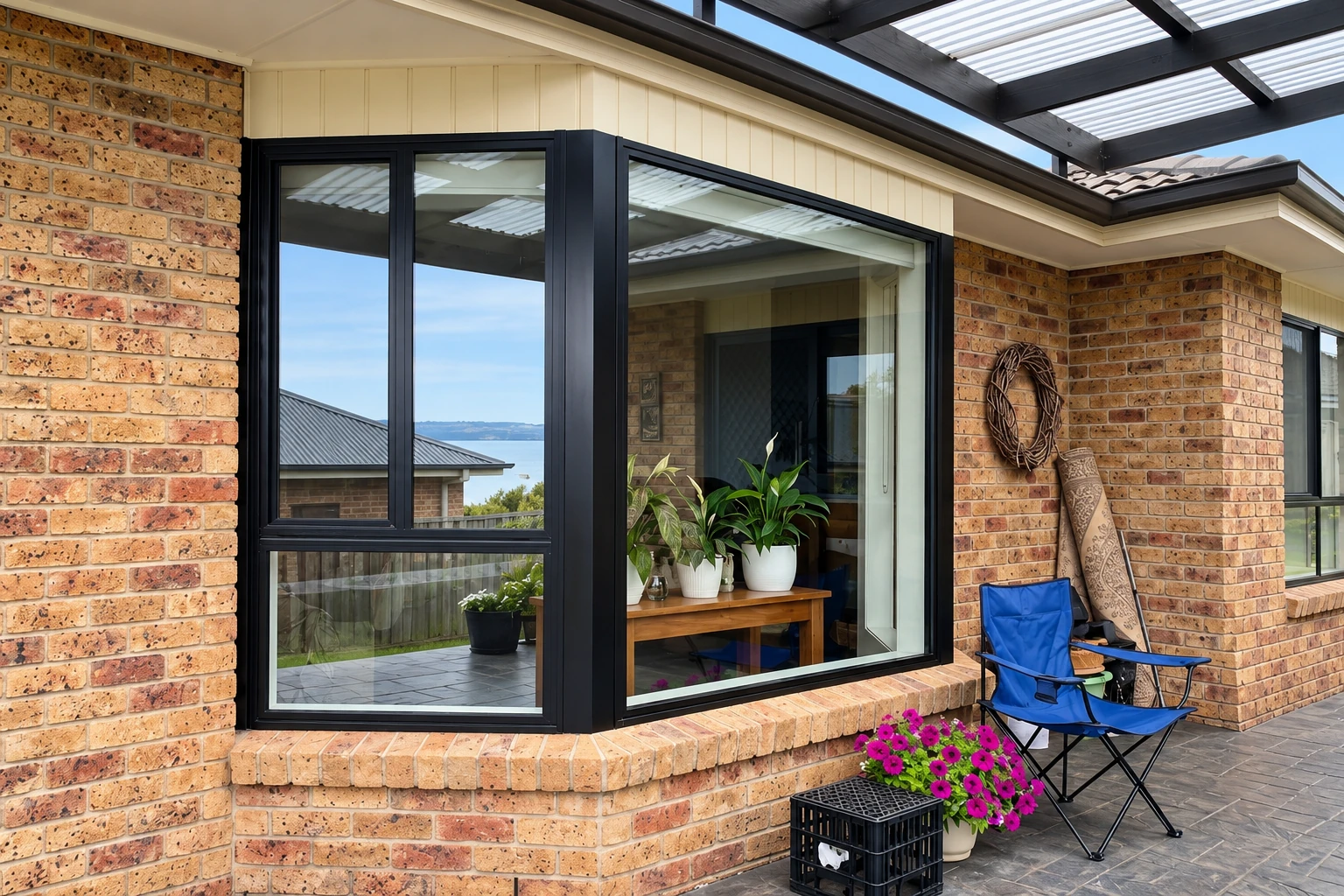 Brick patio converted into a sunroom with large black-framed windows beneath a translucent roof.