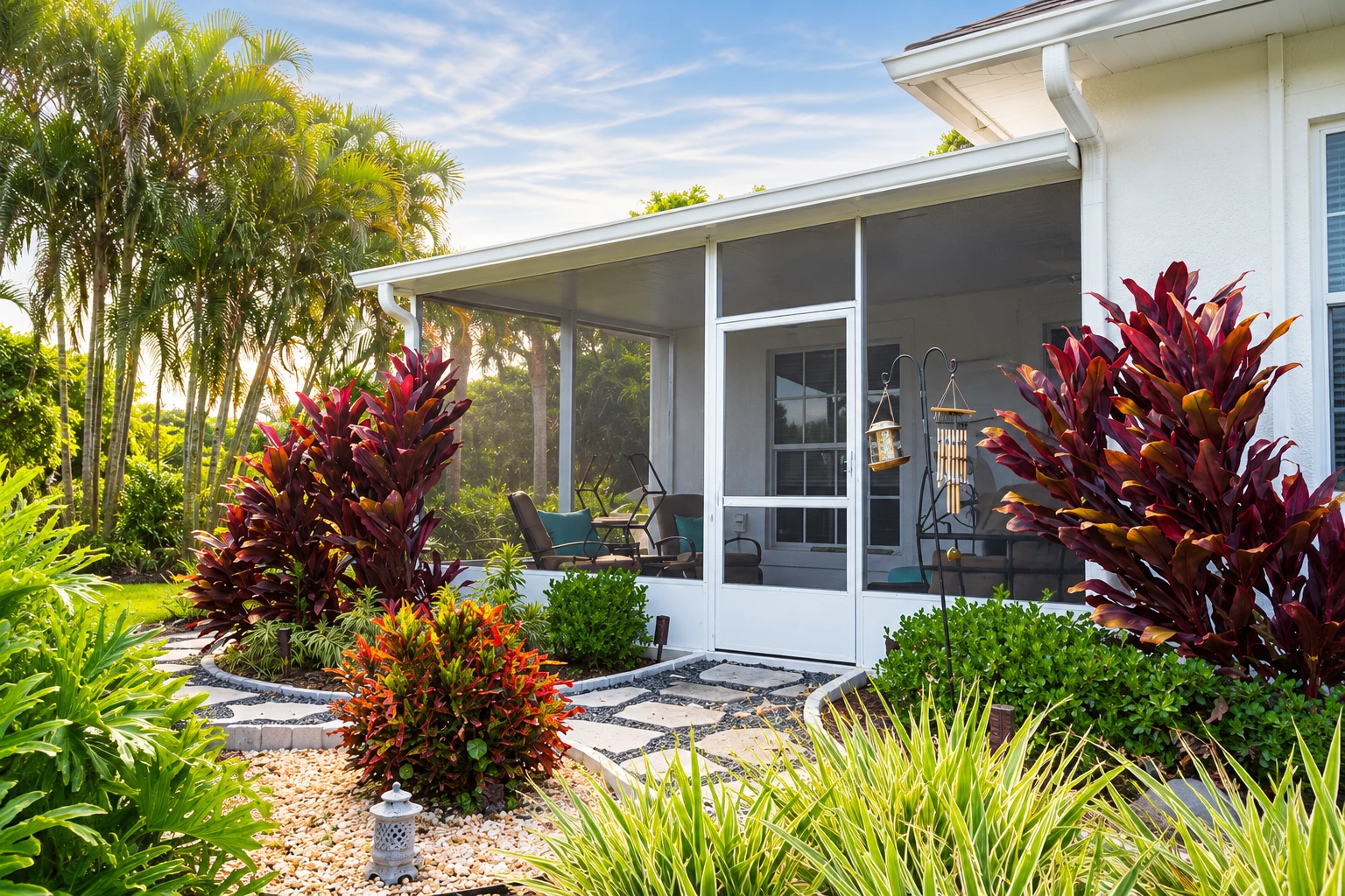 Screened patio enclosure with a white-framed roof and seating, surrounded by tropical plants and a stone path.