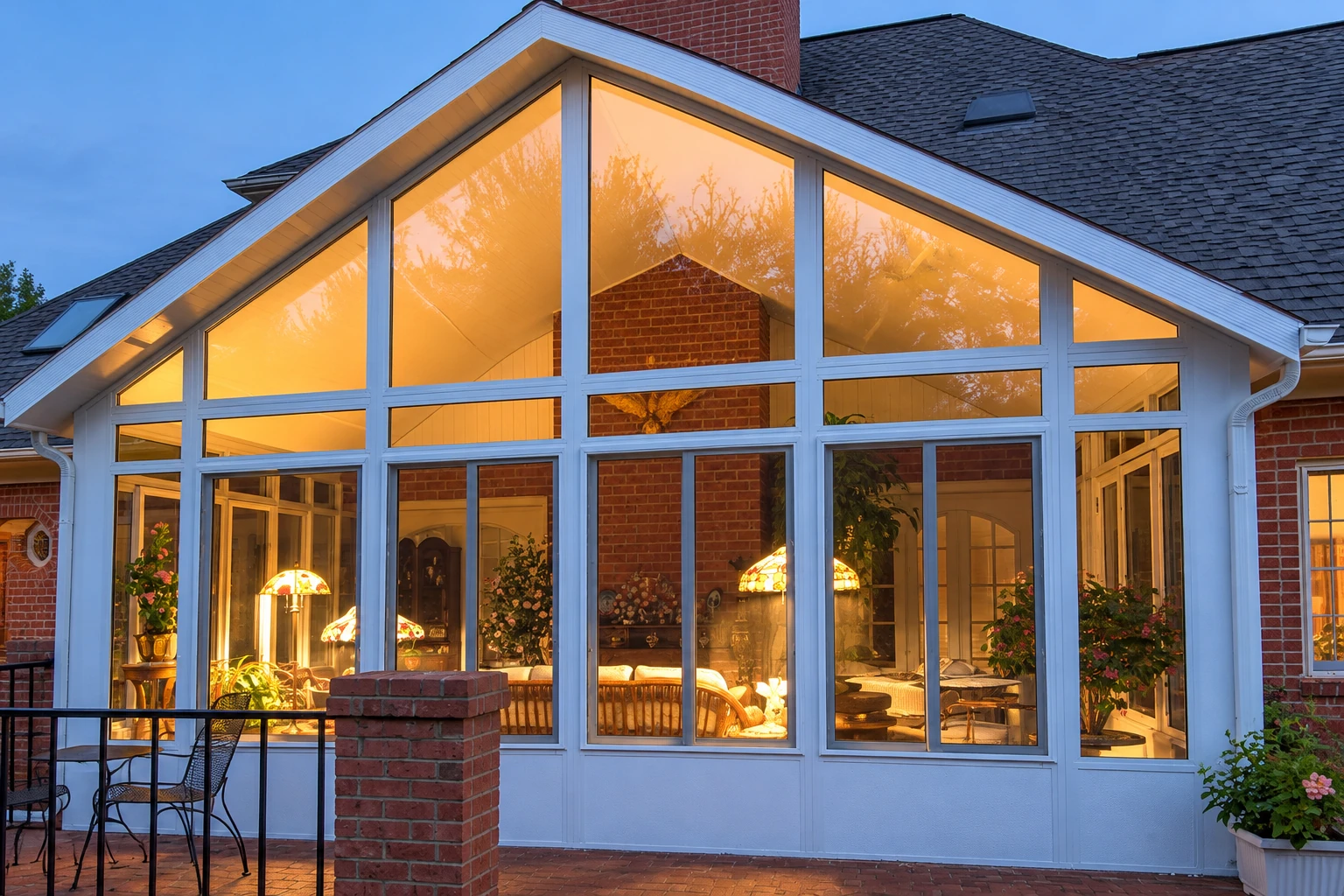 Glass solarium with a peaked roof and white frames, glowing warmly at dusk beside a brick house.