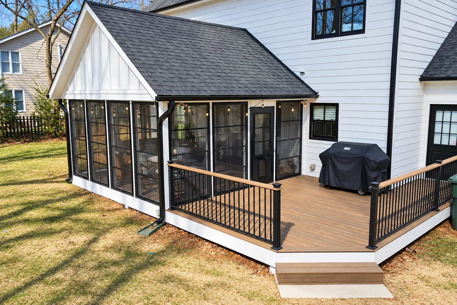 A black-framed screen room addition with a gabled roof sits beside a white house and a raised wooden deck.