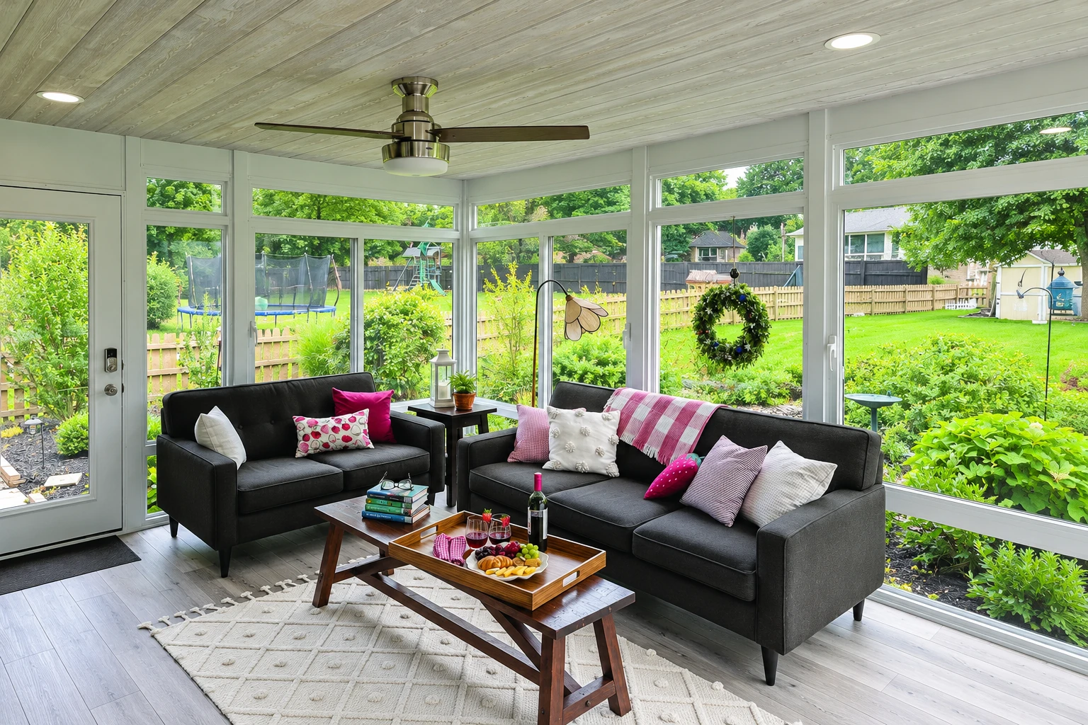 Remodeled sunroom with floor-to-ceiling windows, dark sofas, a wood coffee table and views of a green yard.