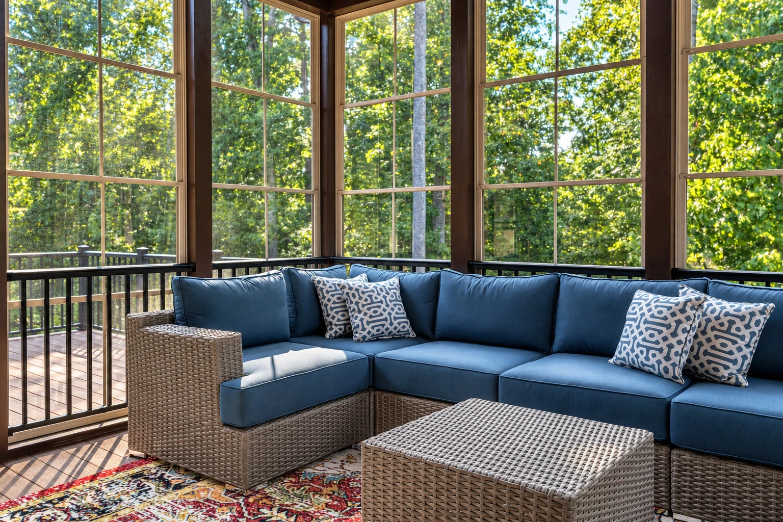 A sunroom with a blue wicker sectional and patterned pillows sits behind tall windows overlooking leafy trees.