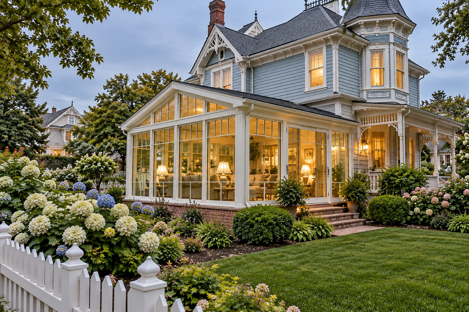 A white-framed glass sunroom glows at dusk beside a blue Victorian-style house, surrounded by flowering garden beds.