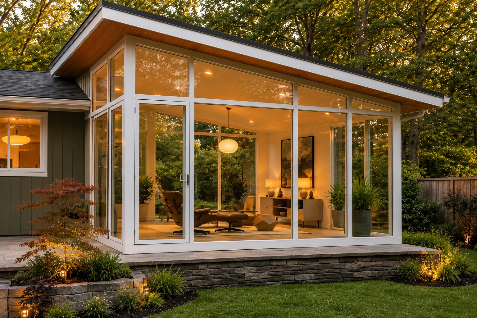 Modern vinyl sunroom with white-framed glass walls, a sloped roof, and warm interior lighting among trees.